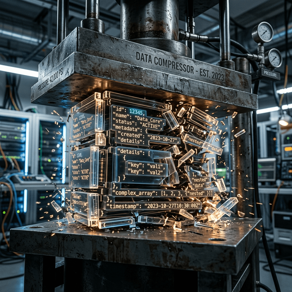Machine compressing glowing data blocks with JSON code in a server room