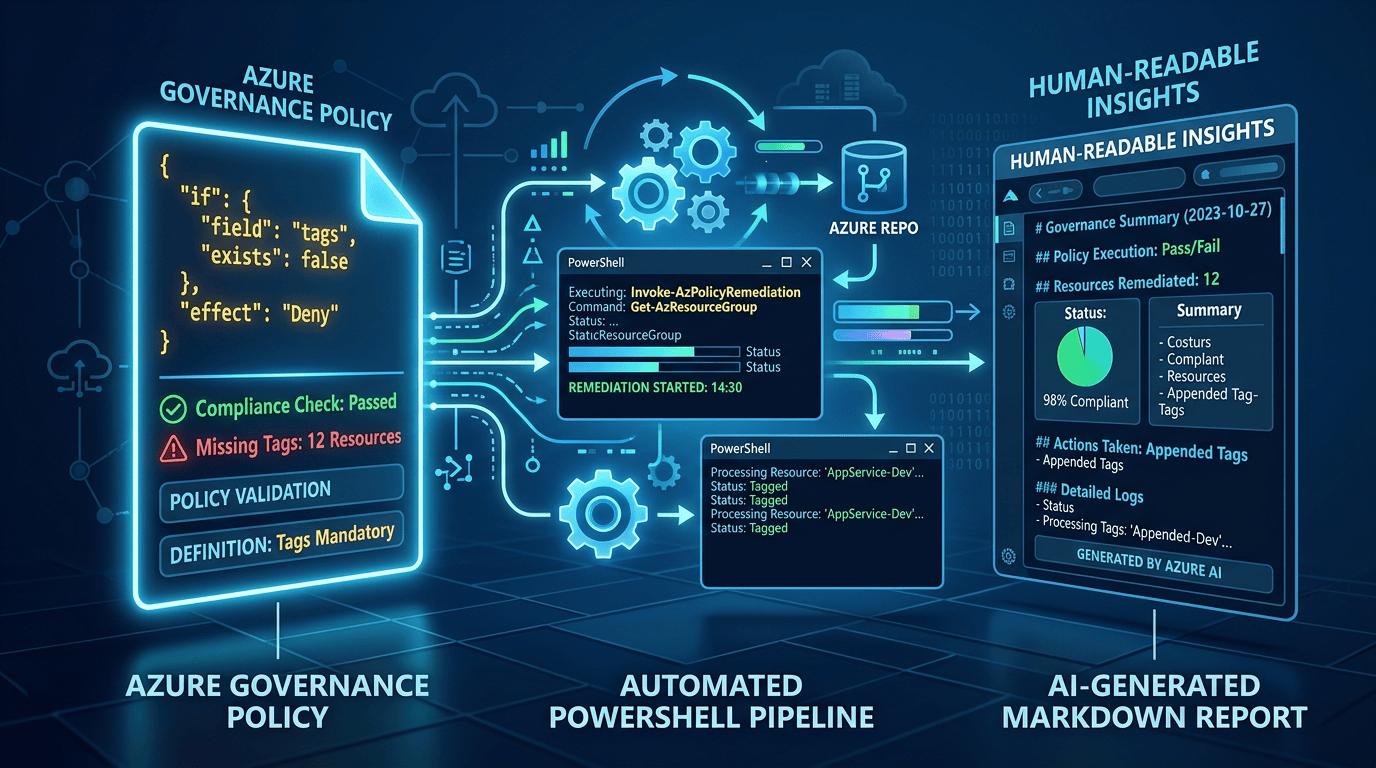 Azure governance policy, PowerShell remediation pipeline, and AI-generated Markdown report